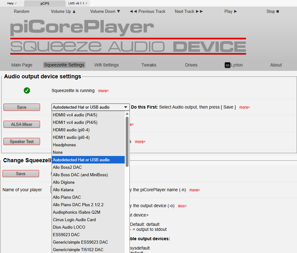Picture of piCorePlayer Squeezelite settings screen