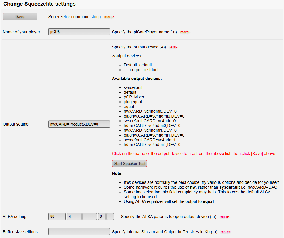Picture of piCorePlayer Squeezelite output settings screen