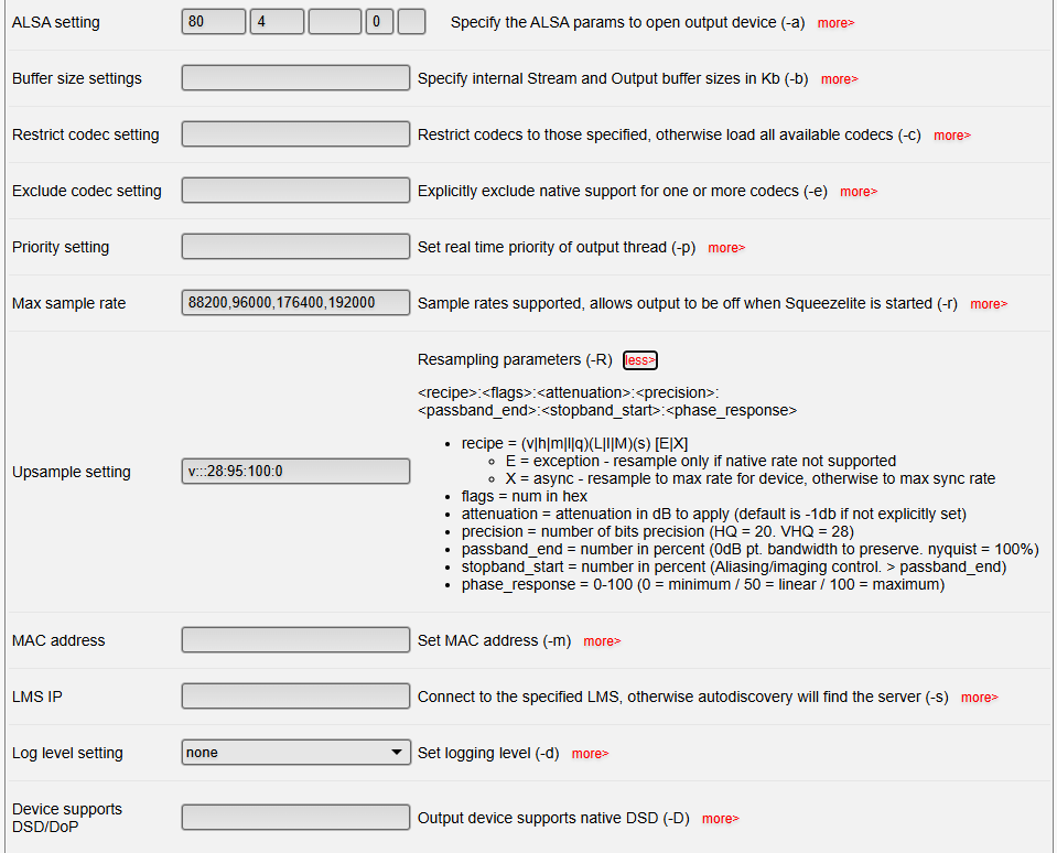 Picture of piCorePlayer Squeezelite upsample settings screen