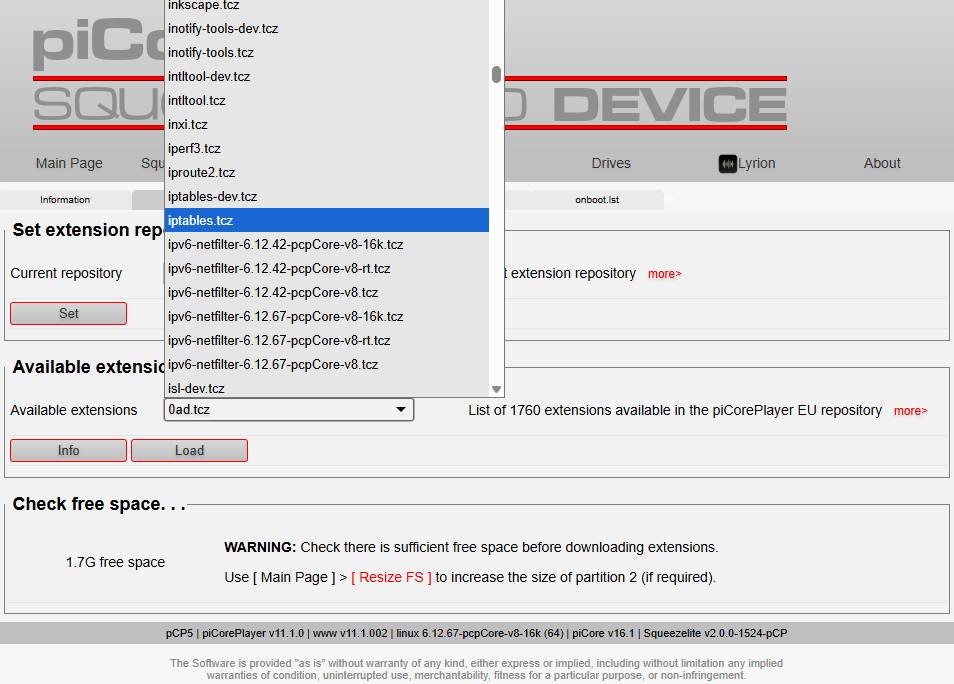 Picture of piCorePlayer menu with the iptables.tcz package being loaded